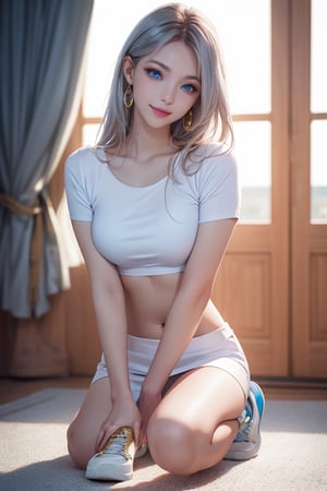 photorealistic without background, high resolution, 1 woman, shiny skin, alone, jewelry, pink lips, long silver hair, ((blue eyes)), (sensual look at photographer, lips slightly open), happy smile, 4k, ph mai, full body, (tight white top), (white miniskirt with gold threads), white sneakers, super high quality, HD