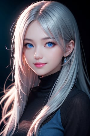 photorealistic, photo with black background, high resolution, 1 woman, shiny skin, alone, pink lips, long silver hair, ((blue eyes)), smile looking at the photographer, 4k, ph mai, HD