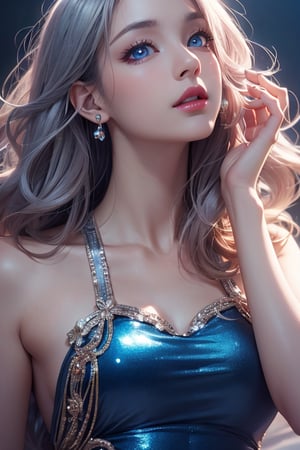 photorealistic without background, high resolution, 1 woman, shiny skin, solo, jewelry, pink lips, long silver hair, ((blue eyes)), 4k, ph mai, long pink dress, super high quality, HD