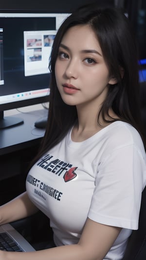 highres, masterpiece, perfect ligthing, bloom, cinematic lighting, adult, mature, perfect skin, beautiful face, big breasts, at internet cafe, wearing gamer shirt