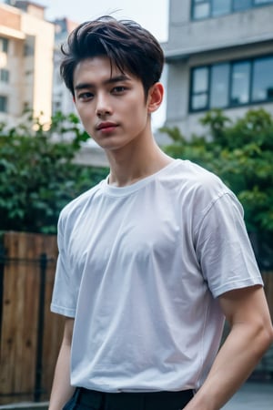 ((masterpiece, great quality, best shadow, best quality, perfect quality, 4k, 8k, cg, eye detail)), (face detail:1.2), (face quality:1.1), realistic, ((photography, photograph:1.6)), clear, ((1 boy, solo,)) handsome, tall, black tee shirt, shorts, sandal, ((outdoors)), short hair,