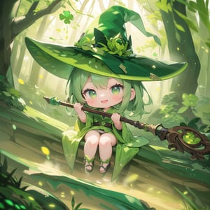 masterpiece, best quality, extremely detailed, very high resolution, ultra detailed, 8k, fantasy art, (((dappled sunlight))), (((Glitter effect))), (a girl:1.2), solo, (full body:1.2), (green robe:1.2), (green Witch’s hat), Sit on the oak tree, (hold an oak staff), (deformed:1.2), (chibi character:1.2), archaic smile, Mossy forest, Four-leaf clover, best quality,best quality