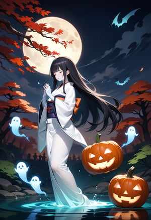 (Halloween:1.2), phantom, japanese art, niji style, (transparent human figure floating in the air, ghostly), solo, full body, (resentful expression), (astral ghost body:1.2), (pale light skin:1.2), (semi-transparent skin:1.2), (pale glowing body:1.2), (hands on together:1.2), long hair, long sleeves, closed mouth, closed eyes, black hair, japanese clothes, wide sleeves, kimono, water, obi, white kimono, willow, (midnight) masterpiece, best quality, absurdres, highres,