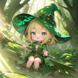 masterpiece, best quality, extremely detailed, very high resolution, ultra detailed, 8k, fantasy art, (((dappled sunlight))), (((Glitter effect))), (a girl:1.2), solo, (full body:1.2), (green robe:1.2), (green Witch’s hat), Sit on the oak tree, (hold an oak staff), (deformed:1.2), (chibi character:1.2), archaic smile, Mossy forest, Four-leaf clover, best quality,best quality