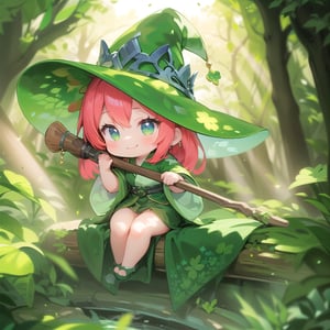 masterpiece, best quality, extremely detailed, very high resolution, ultra detailed, 8k, fantasy art, (((dappled sunlight))), (((Glitter effect))), (a girl:1.2), solo, (full body:1.2), (green robe:1.2), (green Witch’s hat), Sit on the oak tree, (hold an oak staff), (deformed:1.2), (chibi character:1.2), archaic smile, Mossy forest, Four-leaf clover, best quality,best quality