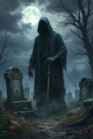 (tombstone:1.2), (gravedigger), (Halloween:1.2), full body, midnight, masterpiece, best quality, absurdres, highres, ink,