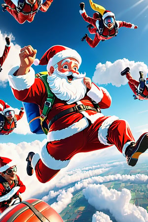 (((masterpiece))), high quality, extremely detailed, 4K, 8K, (Santa Claus), (Santa Claus skydiving:1.3), happy, super fine illustration, approaching perfection, insanely detailed, concept art, epic, cinematic. Unreal engine 5,niji style