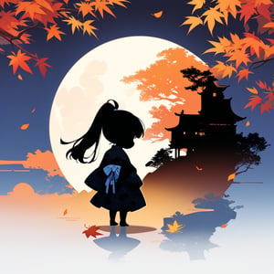 a silhouette girl, solo, (chibi:1.3), (high ponytail:1.3), hanfu, full body, (full moon), (autumn theme), (silhouette style:1.6), white background, (japanese styyle pattern backgrund), from side, masterpiece, absurdres, highres, ukiyoe,