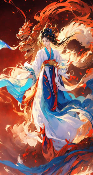 masterpiece, top quality, best quality, official art, beautiful and aesthetic:1.2), (1girl:1.9), purple-blue color long hair, ((multi-colored hanfu fashion)), wind blows, chinese dragon, golden line, (red theme:1.3), ultra-high quality, photorealistic, sky background, dynamic pose, icemagicAI