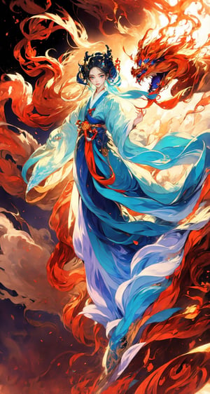 masterpiece, top quality, best quality, official art, beautiful and aesthetic:1.2), (1girl:1.9), purple-blue color long hair, ((multi-colored hanfu fashion)), wind blows, chinese dragon, golden line, (red theme:1.3), ultra-high quality, photorealistic, sky background, dynamic pose, icemagicAI