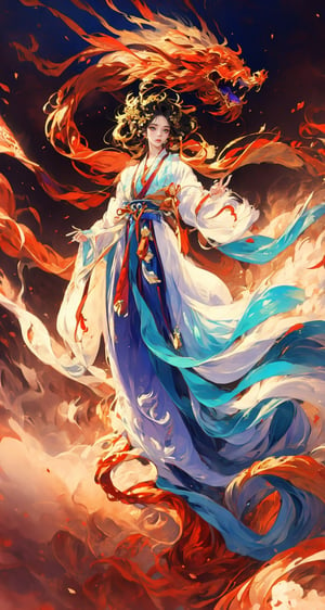 masterpiece, top quality, best quality, official art, beautiful and aesthetic:1.2), (1girl:1.9), purple-blue color long hair, ((multi-colored hanfu fashion)), wind blows, chinese dragon, golden line, (red theme:1.3), ultra-high quality, photorealistic, sky background, dynamic pose, icemagicAI