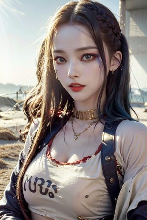 masterpiece, photorealistic, 8K raw photo, ((Top Quality)), ((8K Wallpaper)), ((Ultra High Resolution)), Good Composition, (Ultra Detail), Beautiful Art, Artistic, Realistic, 
,
 , Beautiful korean girls, height 5.7ft, 27years old, (perfect eyes), (detailed eyes), (clean eyes), bright big eyes, skin, clean skin, fine skin, bright skin, real finger, (((small size hands))), (((perfect anatomy))), (((detailed anatoxmy))), wide chest, slender body, 
, (cowboy shot)
,
, ((middle hair, girly_hair, brown eyes, orange lips, )), calm smile, summer midday, ((mountain, fog)), 
, 
, ((huge breasts:0.9)), small areolae, pink areolae, perfect shape areolae, smooth areolae, beauty areolae, no nipple_patch, pretty nipple, perfect shape nipple, (one nipple in a areolae), not sagging breasts,
,
, (Golden necklace, Sapphire Gold Bracelet), sapphire earrings, hairband, hair-pin,
,
,
,
,
,
, 
 ,
,aespakarina,harleyquinn