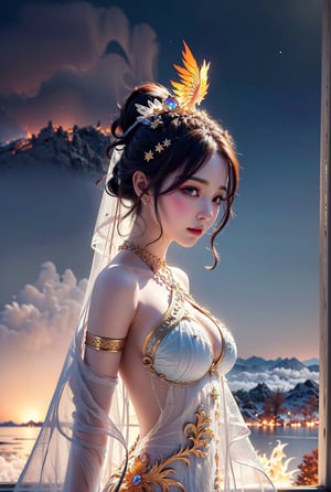 masterpiece, photorealistic, 8K raw photo, ((Top Quality)), ((8K Wallpaper)), ((Ultra High Resolution)), Good Composition, (Ultra Detail), Beautiful Art, Artistic, Realistic, 
, 
, Beautiful korean girls, height 5.7ft, 27years old, (perfect eyes), (detailed eyes), (clean eyes), bright big eyes, skin, clean skin, fine skin, bright skin, real finger, (((small size hands))), (((perfect anatomy))), (((detailed anatoxmy))), wide chest, slender body, ((cowboy shot)),
, 
, 
, ((short hair,  ponytail hair,  brown eyes, orange lips,)), calm smile, hot summer day, (((female shaman, mountain, fog,  phoenix in fog))), 
, 
, ((huge breasts:0.9)), small areolae, pink areolae, perfect shape areolae, smooth areolae, beauty areolae, no nipple_patch, pretty nipple, perfect shape nipple, (one nipple in a areolae), not sagging breasts,
, 
, (Golden necklace, Sapphire Gold Bracelet), sapphire earrings, hairband, hair-pin, 
,
,, (((nude, strip, naked, bare))), 
,  
, ((( naked boobs, bare boobs))), ((no underwear)),
, ((tit_window)),
, 
,(((transparent clothes))), ((phoenix)), illusion of phoenix on fog,
,aespakarina,wrenchfaeflare