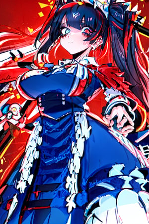 (panorama, wide shot), best quality, masterpiece, extremely detailed, detailed background, (from below:1.2), 1girl, solo, black hair,looking at viewer, red shirts, long hair, wavy hair, on side, fluffy hair, french , (white hat), capelet, lace trim, bodice, blue sky, sunshine,long dress, ,sunny,scenery, grassland, high place, horizon, flowers, birds, wind, wind blow, (depth of field), bokeh,(twintails),mecha,PachaMeme,jk style,Neon Light