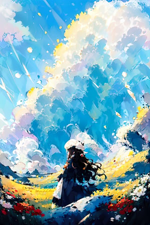 (panorama, wide shot), best quality, masterpiece, extremely detailed, detailed background, (from below:1.2), 1girl, solo, black hair,looking at viewer, red shirts, long hair, wavy hair, on side, fluffy hair, french , (white hat), capelet, lace trim, bodice, blue sky, sunshine,long dress, ,sunny,scenery, grassland, high place, horizon, flowers, birds, wind, wind blow, (depth of field), bokeh,(twintails),EpicArt,no_humans