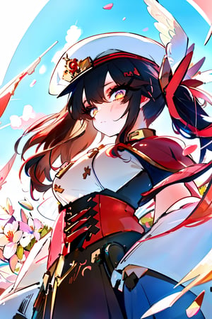 (panorama, wide shot), best quality, masterpiece, extremely detailed, detailed background, (from below:1.2), 1girl, solo, black hair,looking at viewer, red shirts, long hair, wavy hair, on side, fluffy hair, french , (white hat), capelet, lace trim, bodice, blue sky, sunshine,long dress, ,sunny,scenery, grassland, high place, horizon, flowers, birds, wind, wind blow, (depth of field), bokeh,(twintails),mecha,PachaMeme,jk style