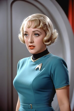 1920s Marion Davies dressed in star trek 1960s dress, surprised look on face