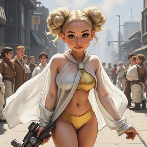 A very petite, pretty, 23 year old space princess. She had blond hair formed into braide space buns. She's wearing a white, sheer, see through outer cloak, with the tineist golden microbikini underneath. She's wearing oversized boots and holding a large space blaster. She's in an action pose.