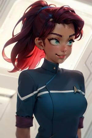 waist up, boobs POV, flirty,, 1 beautiful woman,red hair,30 years old, british,pony tail, medium green eyes, cartoon eyes, wearing a blue startrek uniform ,, massive cleavage, large breasts,  close-up, smilling,  perfect face, masterpiece, perfect composition, ultra-detail,velmadinkley,lara croft,elsa,zeldaSS,,single braid,,sttldunf uniform