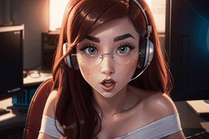 (masterpiece,best quality,extremely detailed),picture perfect face,blush,freckles,(sssniperwolf),nerdy,beautiful,cute,hot,sexy,lewd,makeup,long defined eyelashes,(dark hair),curly,cut bangs,((wide lips,puckered mouth)),((heavy square glasses)),computer chair,streaming,headphones,offshoulder top,open mouth,confused,surprised,chocked,NaniWaifu, removing shirt 