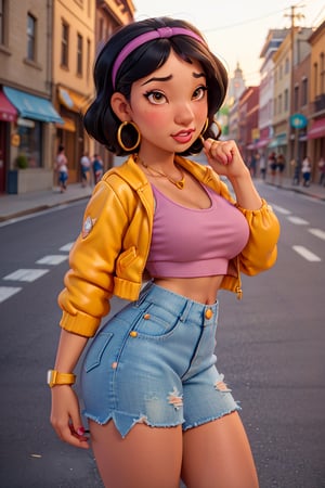 flirty expression,RAW photo,(wide effect:1.2), (a photo of 20y.o. woman:1.3),((Asian-woman)) (tan skin:1.2), (abs:1.1), dim lit,  (high detailed skin, detailed eyes:1.1), 8k uhd, dslr, soft lighting, intricate details, best quality, film grain, Fujifilm XT3, analog style, instagram, tik tok, (curvy:1.2), (Pin up Girl style:1.2), short hair,(black hair:1.1),(makeup:0.1), beauty marks, (in street:1.2), (blushing face:1.2), (kind eyes),tight clothes (wearing denim shorts , open yellow jacket, purple shades on head, hoop earrings ,short jean shorts, blue gloves, pink sports bra),back view,Jubilee,JubJak,NaniWaifu