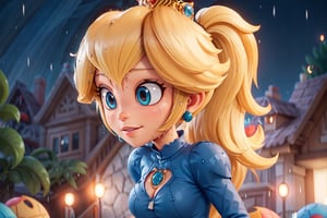 , hot_blonde_woman, (((cleavage))), (((pixar_style))), (((sixpack-abs))), Princess Peach, ponytail, hair tie, blue gloves, purple bodysuit, high heels, a aly_expression,smirking, casting_fire_magic, outside, dark_forest, nighttime, (((futuristic))), (heavy_rain), ((dripping_wet))

action_pose, , hd, masterpiece, intricate_detail, complex_backgroud, shallow_depth_of_field, lensflare