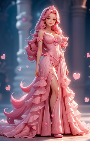 (((long pink-hair:1.3))), (curly hair:1.3), (pink eyes:1.3), ((1 mature woman)), (busty), large breasts, best quality, extremely detailed, HD, 8k, (sweet smile), (happy eyes), ((Fantasy background)),(heart:1.2),princess dress