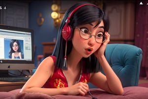 (masterpiece,best quality,extremely detailed),picture perfect face,blush,freckles,(sssniperwolf),nerdy,beautiful,cute,hot,sexy,lewd,makeup,long defined eyelashes,(dark hair),curly,cut bangs,((wide lips,puckered mouth)),((heavy square glasses)),computer chair,streaming,headphones,offshoulder top,open mouth,confused,surprised,chocked,NaniWaifu,mulanodd