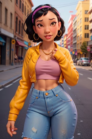 flirty expression,RAW photo,(wide effect:1.2), (a photo of 20y.o. woman:1.3),((Asian-woman)) (tan skin:1.2), (abs:1.1), dim lit,  (high detailed skin, detailed eyes:1.1), 8k uhd, dslr, soft lighting, intricate details, best quality, film grain, Fujifilm XT3, analog style, instagram, tik tok, (curvy:1.2), (Pin up Girl style:1.2), short hair,(black hair:1.1),(makeup:0.1), beauty marks, (in street:1.2), (blushing face:1.2), (kind eyes),tight clothes (wearing denim shorts , open yellow jacket, purple shades on head, hoop earrings ,short jean shorts, blue gloves, pink sports bra),back view,Jubilee,JubJak,NaniWaifu