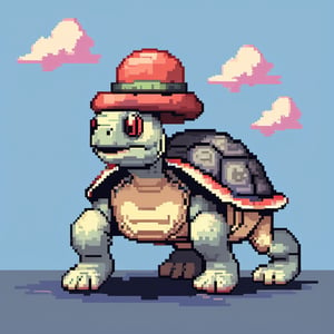 ((Turtle wearing a hat on the head)), turtle's red eyes, limbs crawling forward, (full body), (side full body picture), sky blue background, (Pixel art:1.5), pixel style,pixelstyle,