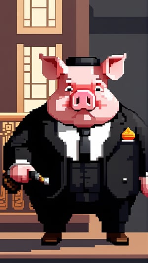 A political dictator, an arms dealer, (a pig with Chinese characteristics, revolver in hand), (Revolver), ((Pig President)), (Pig President), (Pig Man), fat figure, masterpiece, super detail, (animal anthropomorphic)), gangster theme, smoking, black suit, Father style, smiling at the camera, looking at the audience, standing on the balcony, Solid color background, super clear, super facial detail, intricate, fat, whole body, height :1.1, (castle :1.3),((pixel style:1.3)),fat