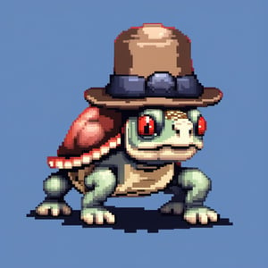 A turtle, ((with a hat on his head and red eyes:1.1)), crawling forward on all fours,
(full body picture),
(from the side),
A blue background,
(Pixel Art :1.3), Pixel style,
