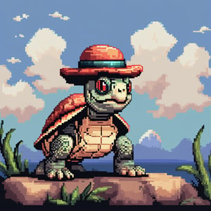 ((Turtle wearing a hat on the head)), turtle's red eyes, limbs crawling forward, (full body), (side full body picture), sky blue background, (Pixel art:1.5), pixel style,pixelstyle,