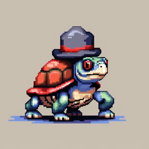 A turtle, ((with a hat on his head and red eyes:1.9)), crawling forward on all fours,(full body picture),(from the side:1.9),
A blue background,(Pixel Art :1.3), Pixel style,pixelartstyle