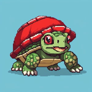 Turtle wearing a hat on the head, turtle's red eyes, limbs crawling forward, (full body), (side full body picture), sky blue background, (Pixel art), pixel style,pixel