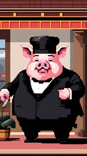 A political dictator, an arms dealer, (a pig with Chinese characteristics), weighing 100 kg, (Revolver), ((Pig President), (Pig President), (Pig Man), fat figure, masterpiece, super detail, (animal anthropomorphic)), gangster theme, smoking, black suit, Father of God style, smiling at the camera, looking at the audience, standing on the balcony, Solid color background, super clear, super facial detail, intricate, fat, whole body, height :1.1, (castle :1.3),((pixel style:1.3)),fat
