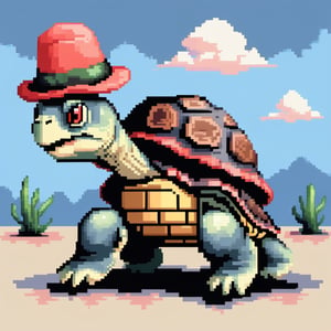 ((Turtle wearing a hat on the head:1.6)), turtle's red eyes, limbs crawling forward, (full body), (side full body picture), sky blue background, ((Pixel art:1.5)), pixel style,pixelstyle,