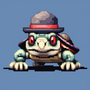 A turtle, ((with a hat on his head and red eyes:1.1)), crawling forward on all fours,(from the side),A blue background,
(Pixel Art :1.3), Pixel style,