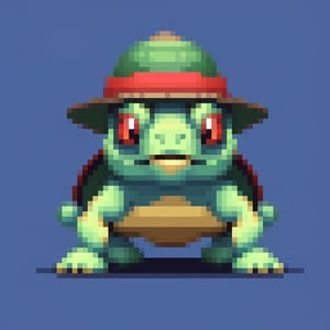 A turtle, ((with a hat on his head and red eyes:1.1)), crawling forward on all fours,(full body picture),(from the side:1.9),
A blue background,(Pixel Art :1.3), Pixel style,pixelartstyle