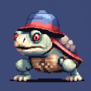 A turtle, ((with a hat on his head and red eyes)), crawling forward on all fours,(full body),(from the side:2),
A blue background,(Pixel Art :1.3), Pixel style,pixelartstyle