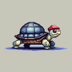 A turtle, ((with a hat on his head and red eyes:1.5)), crawling forward on all fours,
(full body picture),
(from the side),
A blue background,
(Pixel Art :1.3), Pixel style,