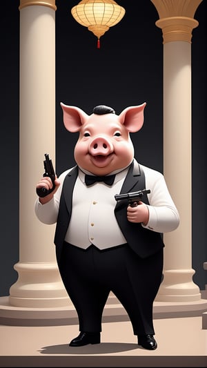 A political dictator, an arms dealer, (a pig with Chinese characteristics, (revolver in hand:1.5)), (Revolver), ((Pig President)), (Pig President), (Pig Man), fat figure, masterpiece, super detail, (animal anthropomorphic)), gangster theme, smoking, black suit, Father style, smiling at the camera, looking at the audience, standing on the balcony, Solid color background, super clear, super facial detail, intricate, fat, whole body, height :1.1, (castle :1.3),((pixel style:1.3)),fat