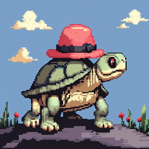 ((Turtle wearing a hat on the head)), turtle's red eyes, limbs crawling forward, (full body), (side full body picture), sky blue background, (Pixel art:1.5), pixel style,pixelstyle,