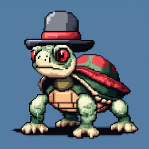 A turtle, ((with a hat on his head and red eyes:1.1)), crawling forward on all fours,(full body picture),(from the side:1.9),
A blue background,(Pixel Art :1.3), Pixel style,