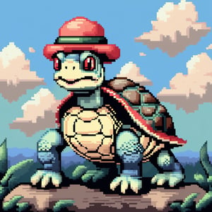 ((Turtle wearing a hat on the head:1.6)), turtle's red eyes, limbs crawling forward, (full body), (side full body picture), sky blue background, ((Pixel art:1.5)), pixel style,pixelstyle,