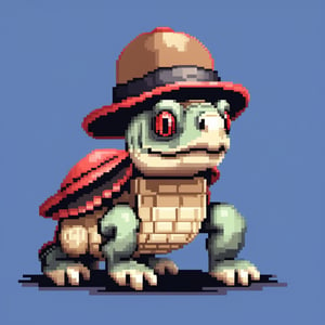 A turtle, ((with a hat on his head and red eyes:1.1)), crawling forward on all fours,
(full body picture),
(from the side),
A blue background,
(Pixel Art :1.3), Pixel style,