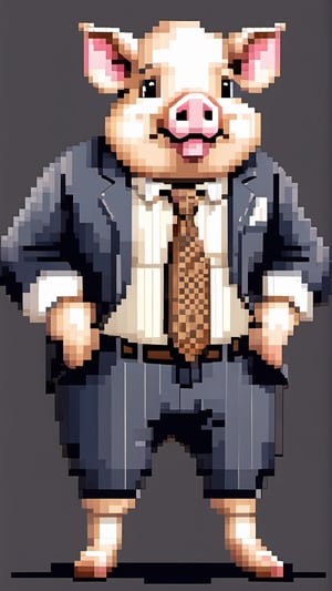 (a white-striped pig, anthropomorphic figure), weighing 100kg, (hair is a braid, the braid is draped across the chest), (wearing a suit, the figure), (standing on two legs), commanding with both hands forward, smiling towards the camera,pixel style