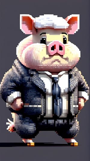 (a white-striped pig, anthropomorphic figure), weighing 100kg, (hair is a braid, the braid is draped across the chest), (wearing a suit, the figure), (standing on two legs), commanding with both hands forward, smiling towards the camera,pixel style