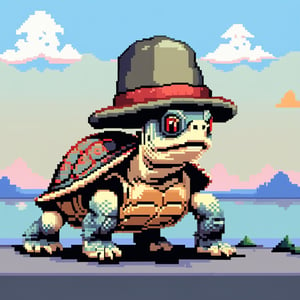 ((Turtle wearing a hat on the head:1.6)), turtle's red eyes, limbs crawling forward, (full body), (side full body picture), sky blue background, ((Pixel art:1.5)), pixel style,pixelstyle,