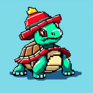 Turtle wearing a hat on the head, turtle's red eyes, limbs crawling forward, (full body), (side full body picture), sky blue background, (Pixel art :1.5), pixel style,pixelstyle,